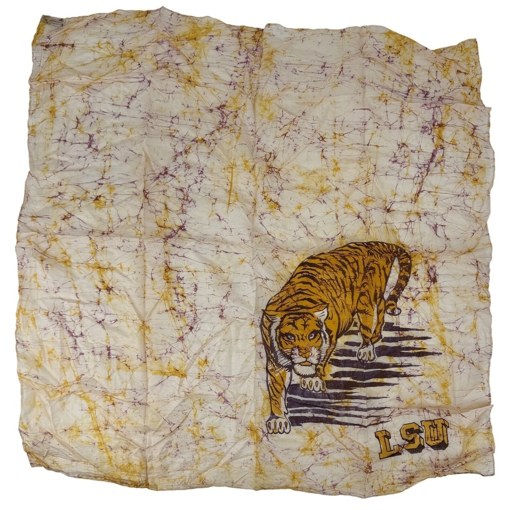 LSU‎ Tigers 100% Silk Scarf Batik Purple Gold Tiger Graphic Square 26x26 70's